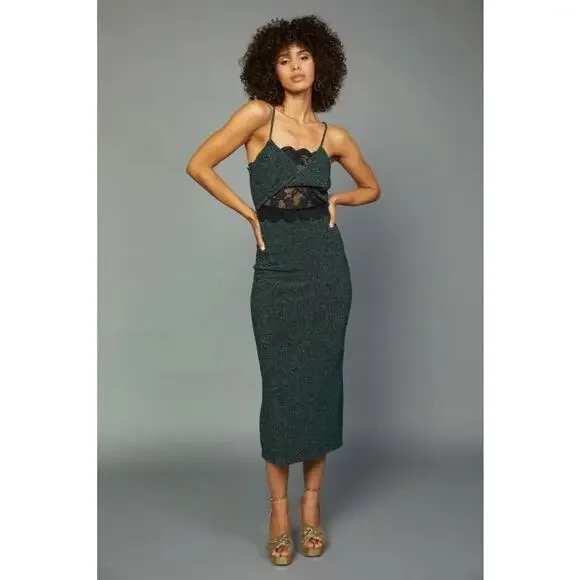 New nwt Current Air XS Green Black Twist Front Lace Inset Sleeveless Midi Dress - Picture 1 of 9